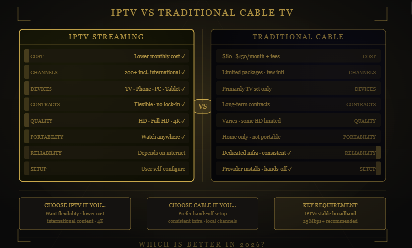 Krooz TV IPTV versus cable TV comparison chart highlighting features and benefits.