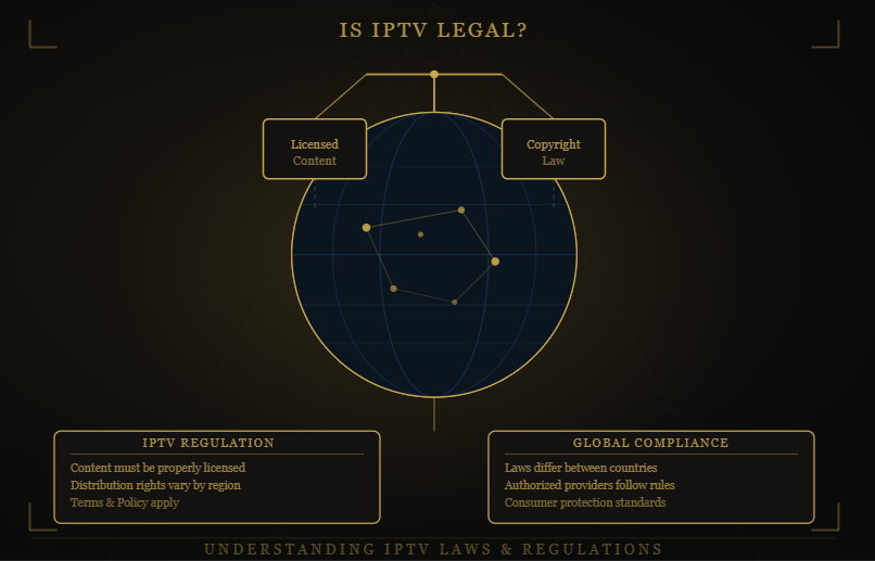 Krooz TV IPTV legality infographic explaining licensed content, copyright laws, streaming regulations, legal IPTV services, and consumer compliance requirements.