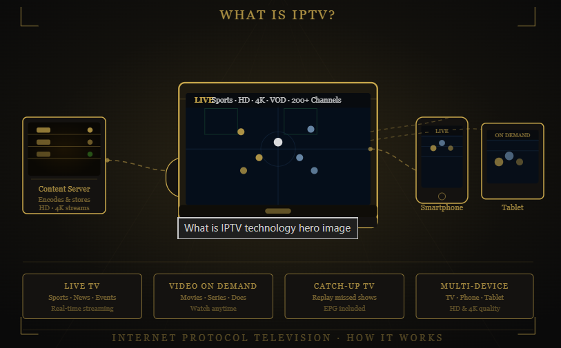 What is Krooz TV IPTV infographic showing live TV, VOD, catch-up TV, multi-device streaming, and the key features of internet-based television services.